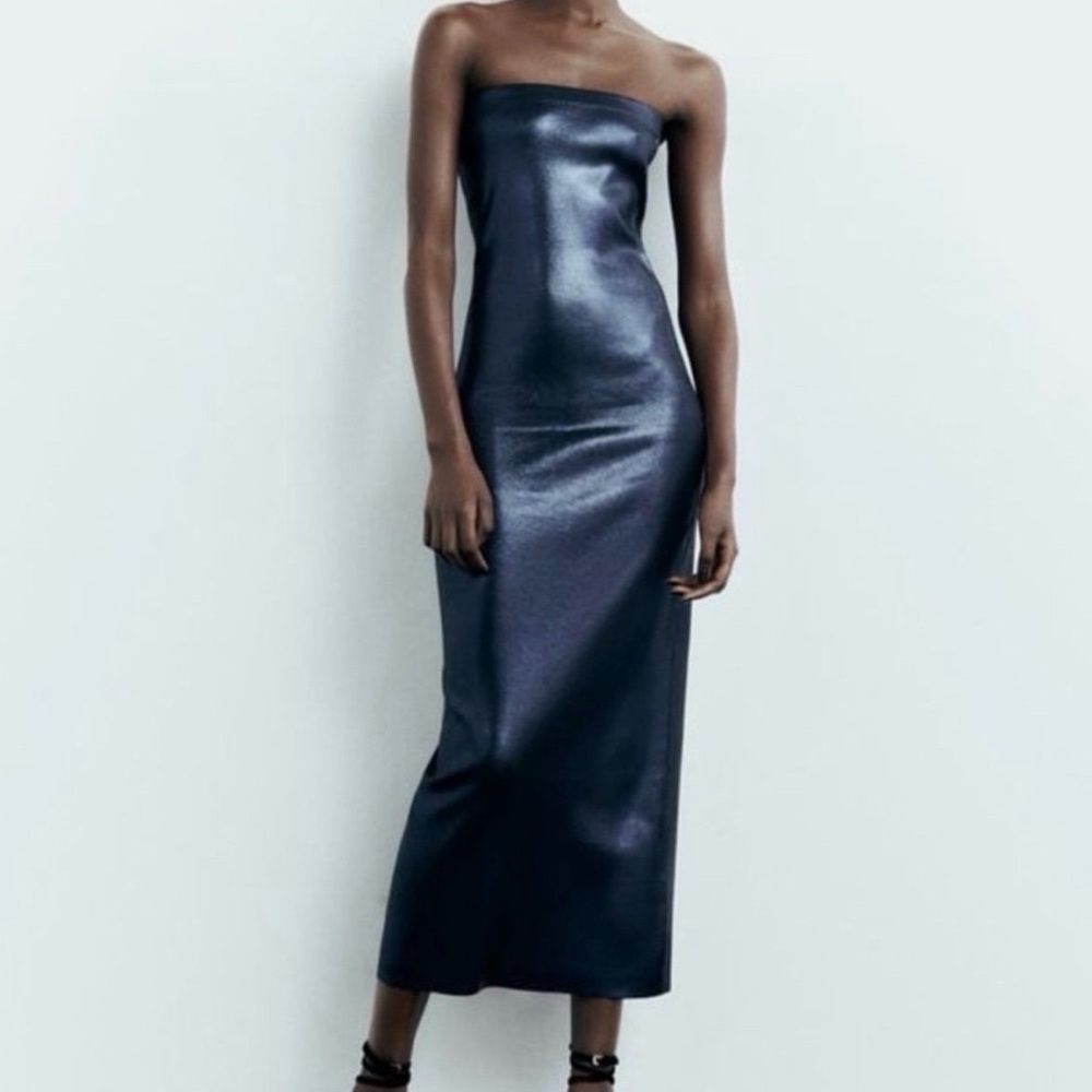 Zara Strapless Navy Blue Metallic Dress